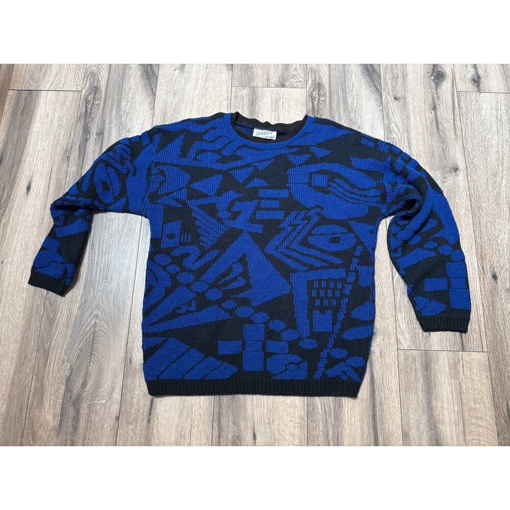 Vintage Domani Blue & Black Abstract Pattern Sweater Grandpa Academia Made In US